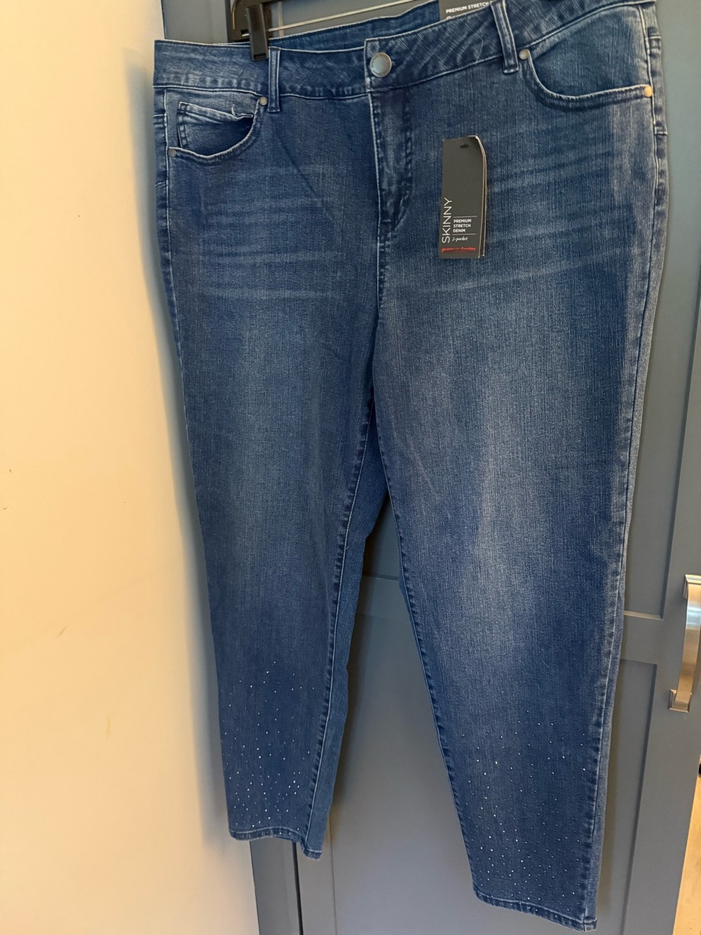 Avenue Skinny Jeans in Medium Blue with Rhinestone Detail